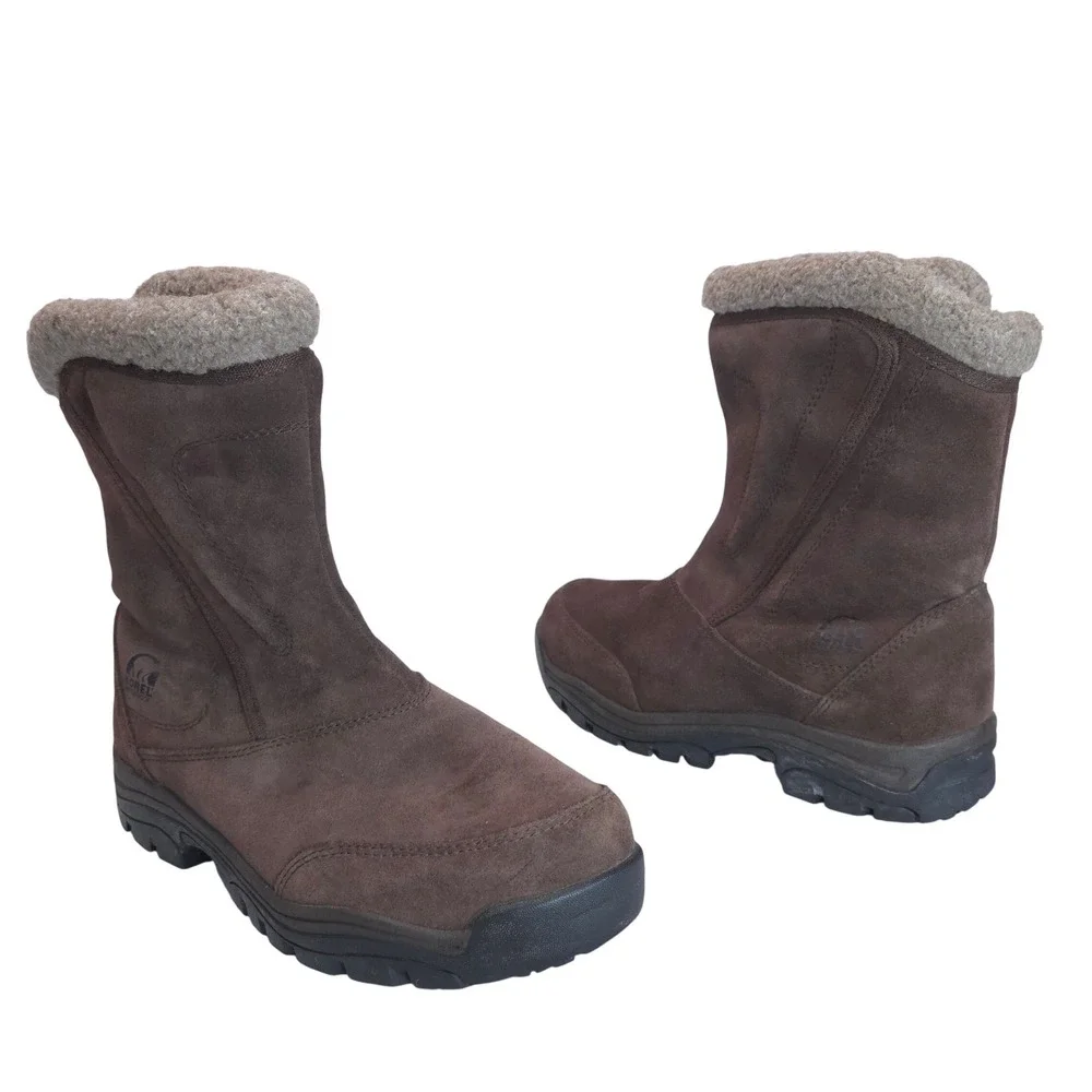 Sorel Water Fall Suede Winter Boots Women 9.5 Thinsulate Brown Zip Mid-Calf Snow
